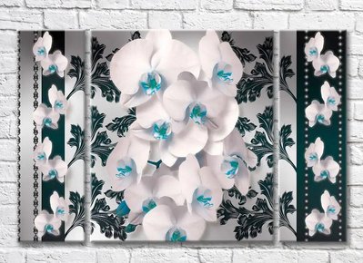 Триптих Белая орхидея с синей сердцевиной на сером фоне с узорами 3D7806 фото