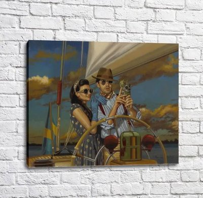 Poster Fată și tip cu o cameră video pe o barcă cu pânze Put17237 фото