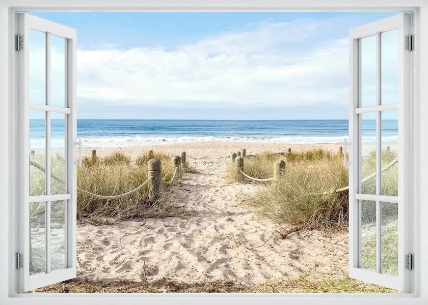 Наклейка на стену, Вид из окна с видом на пляж W176 фото