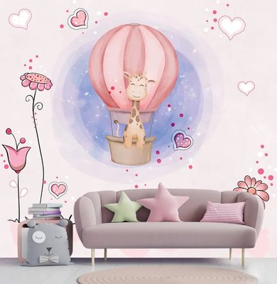 Girafă într-un balon cu aer cald pe un fundal roz cu flori și inimioare Fot557 фото