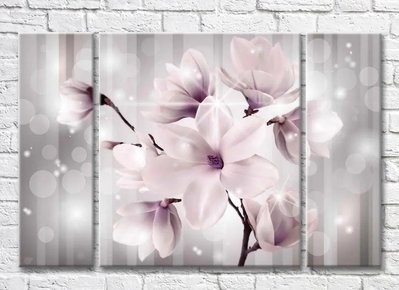 Triptic Magnolia violet pe un fundal cu dungi gri 3D7807 фото