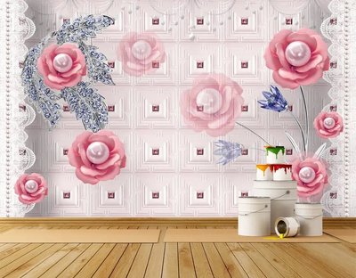Tapet foto 3D, flori roz sidefat pe un fundal clasic de perete de la 320 MDL online in Chisinau 3D4657 фото