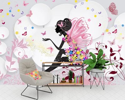 Цветочная фея на абстрактном фоне с цветами и бабочками Fot507 фото