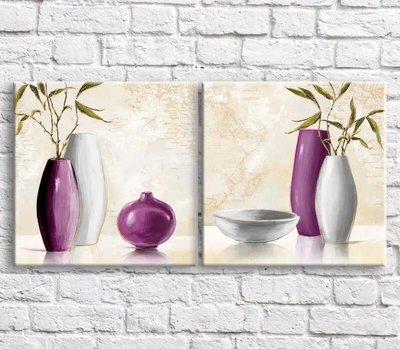 Картина Фиолетовая и белая ваза маслом на фоне карты, натюрморт, диптих TSv10507 фото