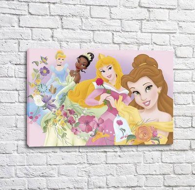 Постер Принцессы дисней и цветы на розовом фоне Mul16527 фото