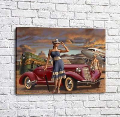 Постер Девушка на фоне красного авто, поезда и самолета Put17238 фото