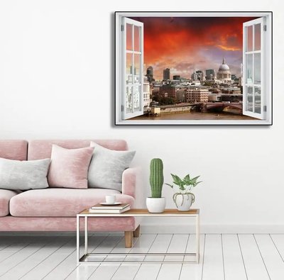 Наклейка на стену, 3D-окно с видом на закат в приморском городе W75 фото
