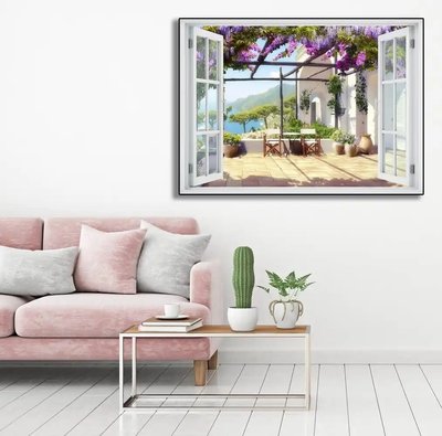 Наклейка на стену, 3D-окно с видом на террасу с фиолетовыми цветами W125 фото