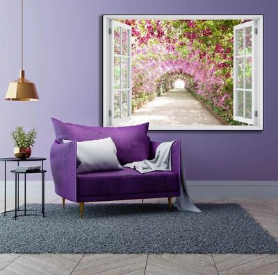 Autocolant de perete, fereastra 3D cu vedere tunel de flori W175 фото