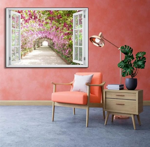 Наклейка на стену, 3D-окно с видом на цветочный туннель W175 фото