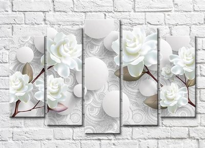 Белые крупные 3д цветы на сером узорчатом фоне 3D5490 фото