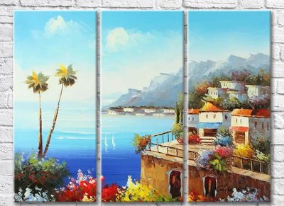 Триптих Деревня у берега моря с цветочной набережной Sre7540 фото