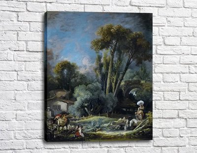 Pictură Peisaj pastoral cu o spălătorie și un cuplu pe malurile râului Fra11340 фото