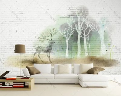 Фотообои Силуэт оленя и деревья на белой кирпичной стене Ska1790 фото