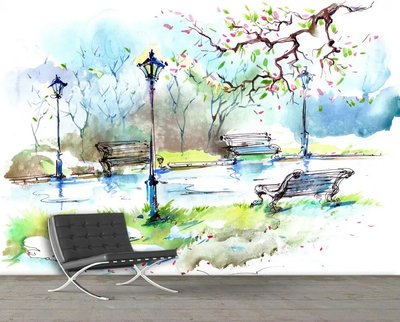 Парковая аллея со скамейками и фонарями весенний пейзаж Ske1190 фото