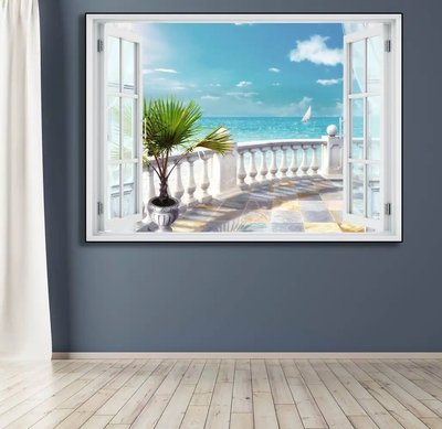 Наклейка на стену, Окно с видом на балкон с видом на море W142 фото