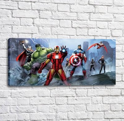 Постер Супергерои марвел на фоне города и молний Mul16560 фото