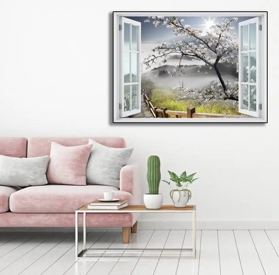 Наклейка на стену, Окно с видом на дерево в горах W92 фото
