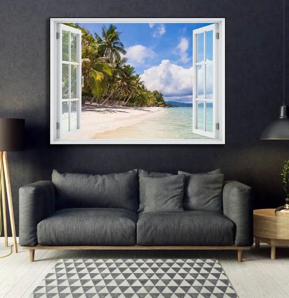 Наклейка на стену, 3D-окно с видом на море на закате W192 фото