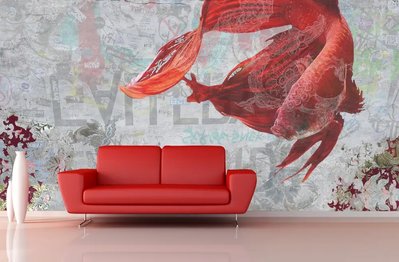 Красная рыба вуалехвост на сером абстрактном фоне гранж Vos358 фото