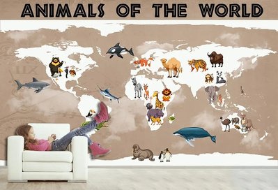 Harta lumii abstracte cu animale din diferite țări pe un fundal de cafea Det1058 фото