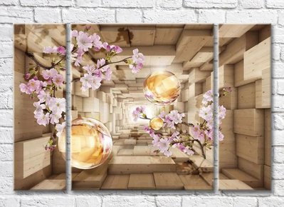 Triptic Ramuri de Sakura și bile de sticlă pe fundalul unui tunel abstract 3D7808 фото