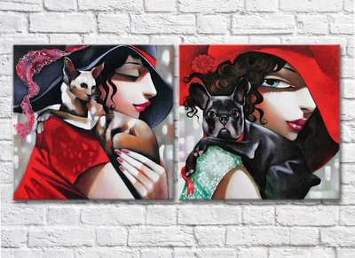 Диптих Портреты девушек с собакой и кошкой, работы современного художника Lyu6958 фото