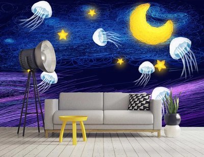 Meduzele albe pe un cer înstelat abstract cu lună Ris1458 фото