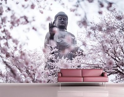 Fototapet Sculptură Buddha într-o grădină înflorită 3D2358 фото