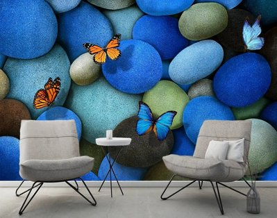 Яркие бабочки на фоне синей гальки 3D858 фото