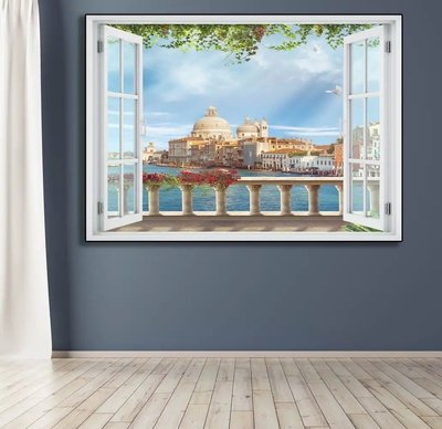 Наклейка на стену, Окно с видом на город на воде W124 фото