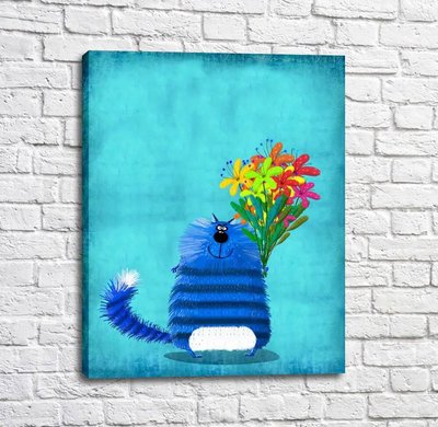Постер Синий кот с букетом разноцветных цветов Kot16982 фото