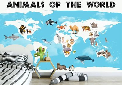 Hartă abstractă a lumii cu animale din diferite țări pe fundal albastru Det1059 фото