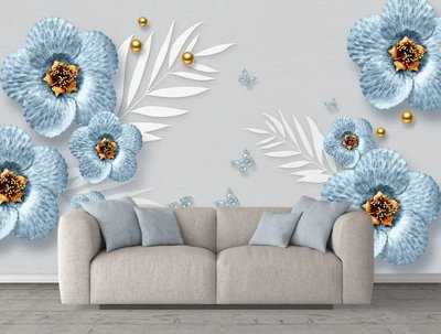Fototapet Bijuterii florale albastre pe fond gri cu fluturi 3D4659 фото