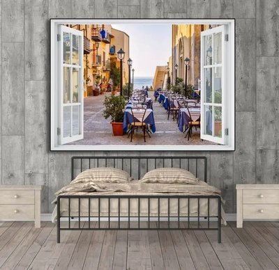 Autocolant de perete, fereastră 3D cu vedere la o cafenea în aer liber W173 фото