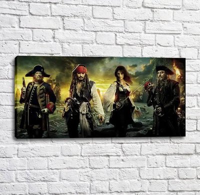 Постер Герои кинофильма Пираты Карибского моря на фоне горящих кораблей Mul16229 фото