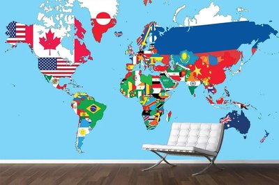 Абстрактная карта мира из флагов разных стран на голубом фоне Abs1010 фото
