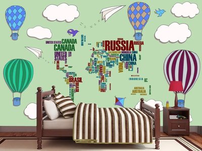Абстрактная карта мира из названий стран на зеленом фоне с воздушными шарами Det1060 фото