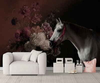 Белая лошадь и букет цветов на темном фоне Ris1460 фото