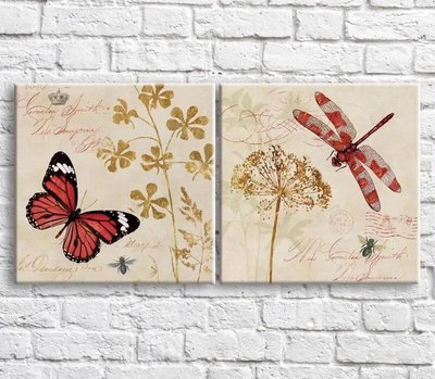 Картина Красная бабочка и стрекоза на фоне растений и текста, винтаж, диптих TSv10660 фото