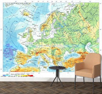 Карта Европы со шкалой глубин и высот Sov1110 фото