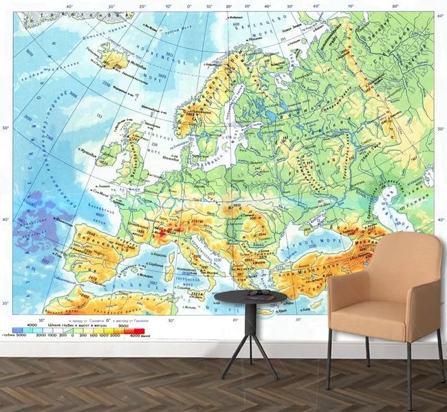 Карта Европы со шкалой глубин и высот Sov1110 фото