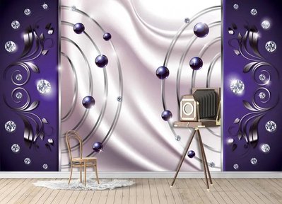 Фотообои Фиолетовые жемчужины и бриллианты на фоне шелка, 3D Абстракция 3D3661 фото