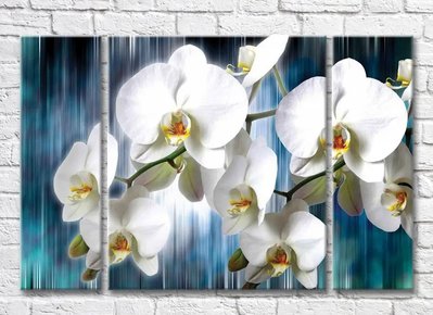 Триптих Ветки белой орхидеи на синем фоне водопада 3D7811 фото