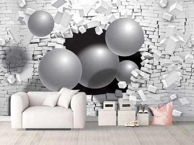Фотообои Серые сферы, разбивающие белую кирпичную стену 3D4811 фото