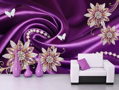 Цветочная бижутерия и белые бабочки на фиолетовом фоне шелка 3D3861 фото