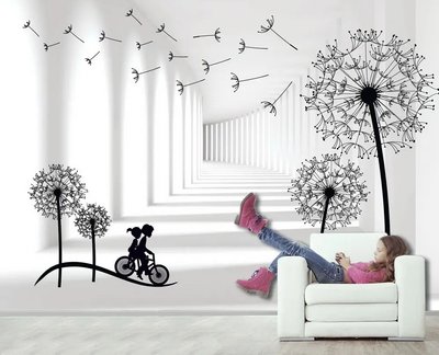 Фотообои Одуванчики и дети на велосипеде на светлом фоне коридора 3D4761 фото