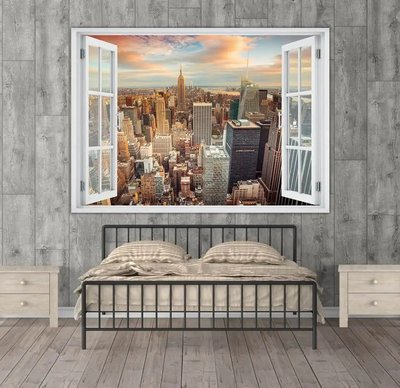 Наклейка на стену, 3D-окно с видом на Нью-Йорк W71 фото