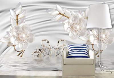 3Д фотообои, белые жемчужные цветы и лебеди на фоне шелка и воды от 320 MDL онлайн в Кишиневе 3D5312 фото