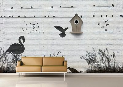 Фотообои Черный рисунок с птицами на белой кирпичной стене Ret4212 фото